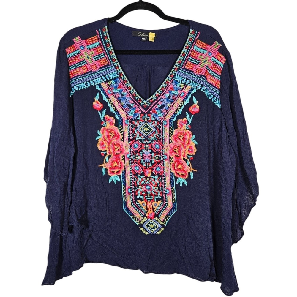 CALESSA Intricately Embroidered Tunic Top PLX‎ Blue Cottagecore Boho Art To Wear
